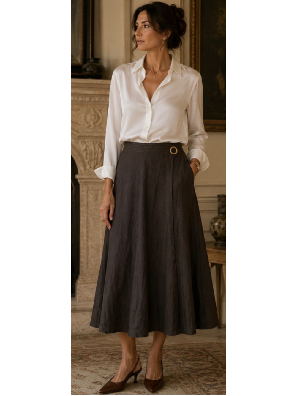 Madison Hill Midi Skirt Size 10 Brown Gold Button Detail Chic luxe new!